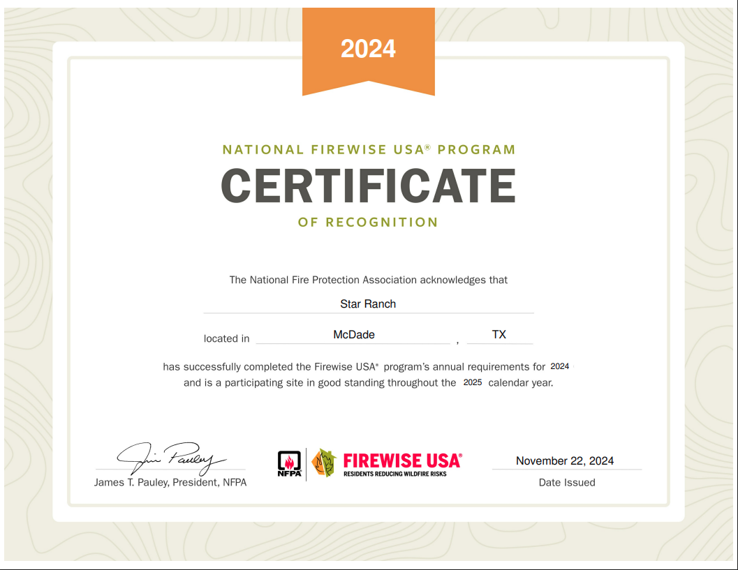 Star Ranch 2024 Firewise USA Certificate of Recognition
