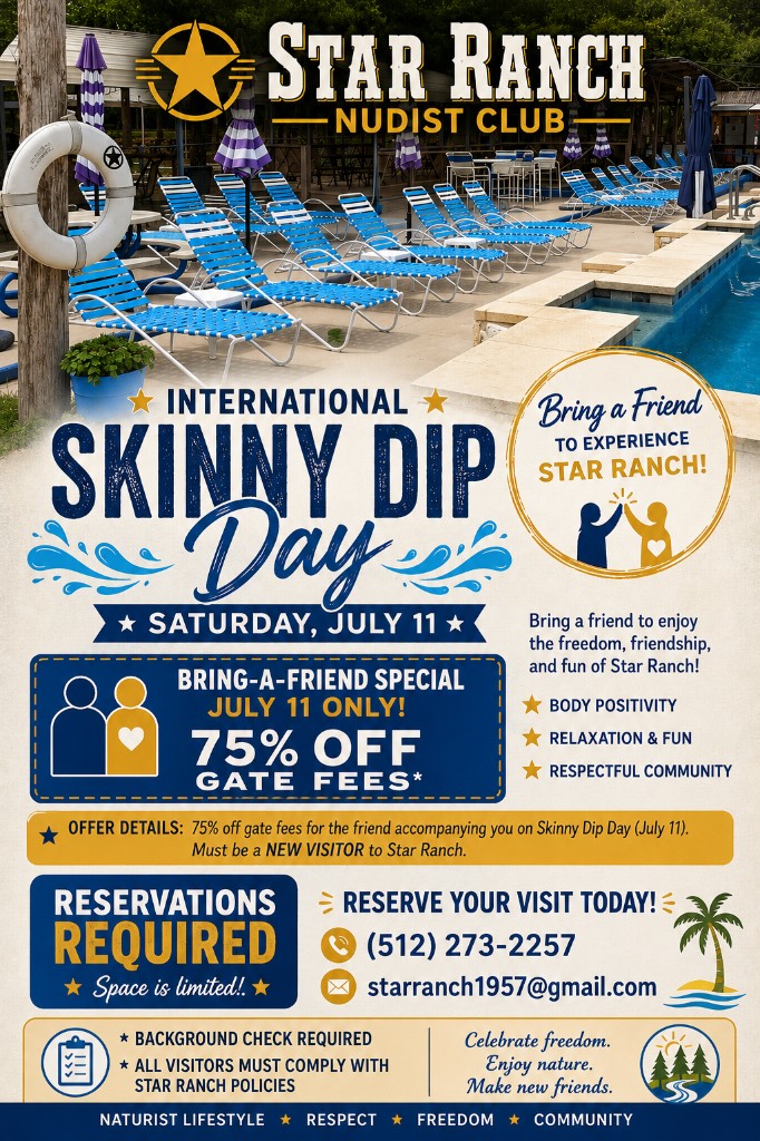International Skinny Dip Day flyer — Saturday July 11, 2026 at Star Ranch